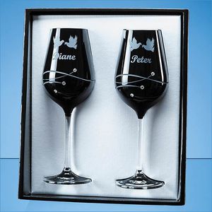 Promotional 2 Onyx Black Diamante Wine Glasses with Spiral Design ...